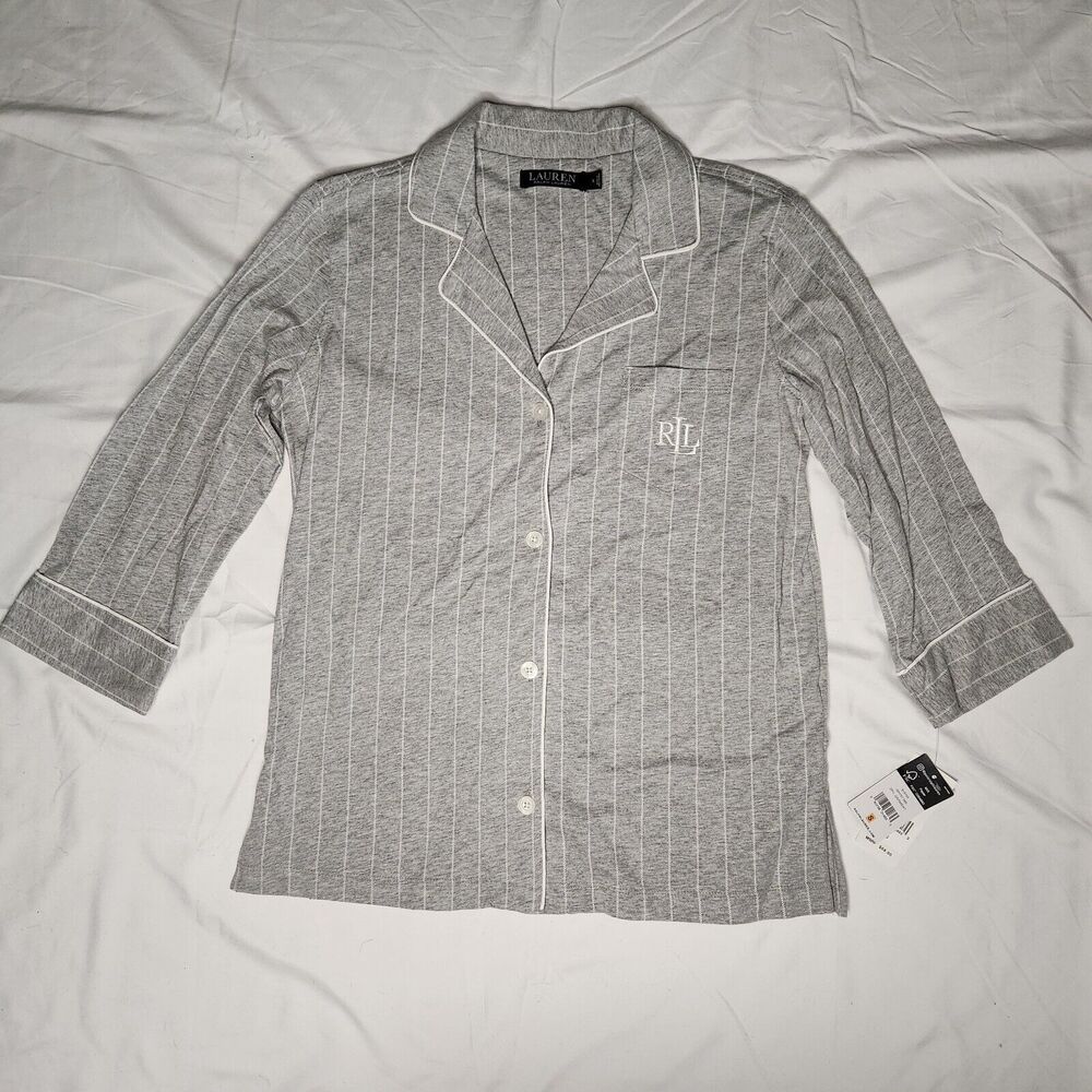NWT Lauren Ralph Lauren Women Small Further Lane Knit Striped Pajama Shirt Grey